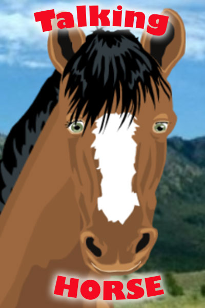 An animated horse looks at the viewer.