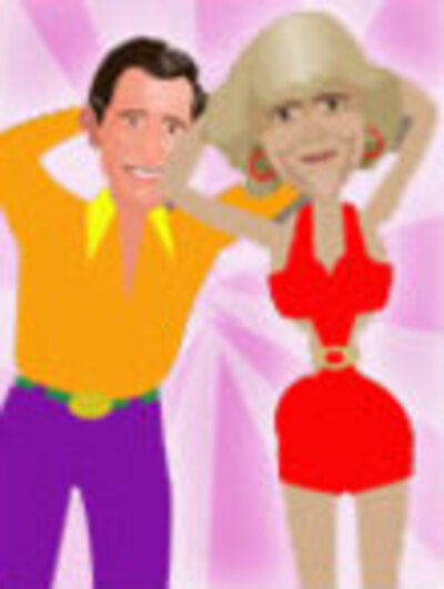 Cartoon representations of King Charles, and Camilla, Queen Consort of the United Kingdom wearing disco-themed outfits and dancing. 
