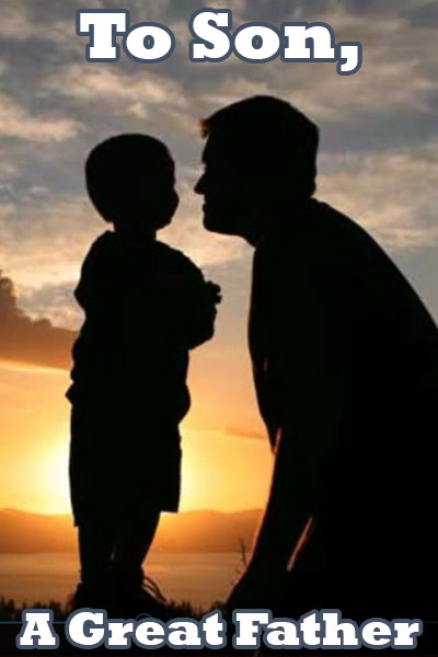 With the light of a setting sun as a backdrop, a father crouching down to talk to his small child are silhouetted in the preview image for this traditional Father's Day ecard.