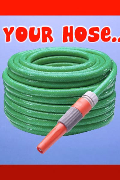 A coiled green garden hose.