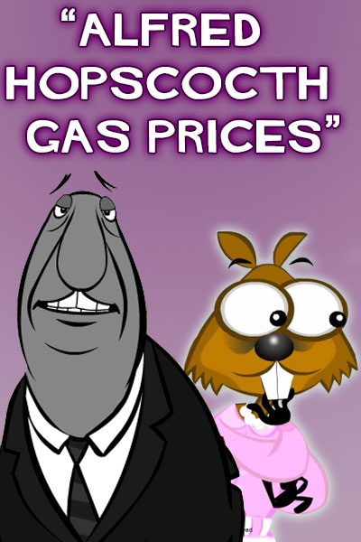 A squirrel putting gas in her car stares at the price of gas with alarm on her face.