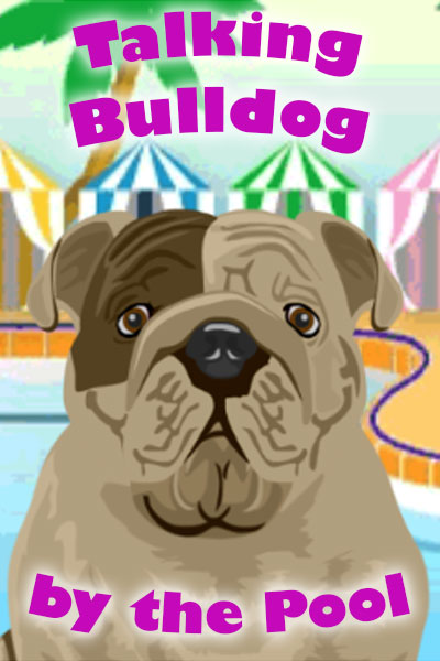 An English Bulldog looks at the viewer. Behind it are colorful striped cabanas, and a swimming pool,