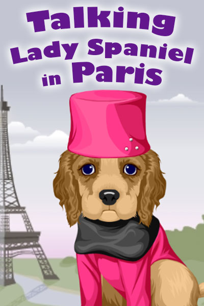 A cocker spaniel wearing a pink pillbox hat, and pink and black outfit.
