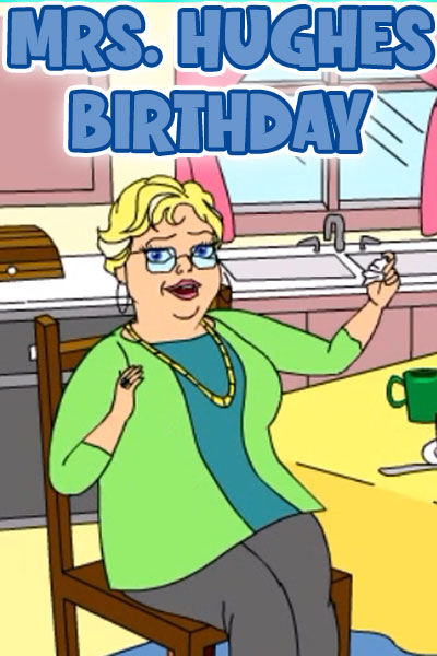 A woman sits at her kitchen table in this mature birthday ecard, having tea and cookies, and joking with the viewer. 