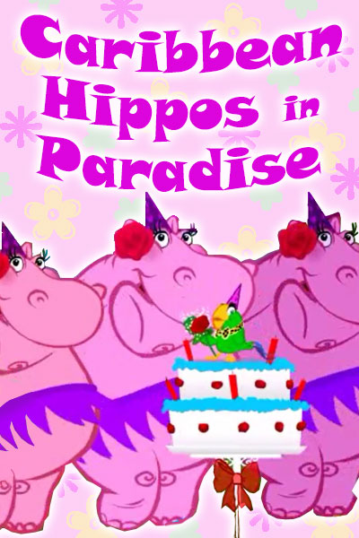 In this cartoon birthday card, three pink, hula-girl hippos, dressed in grass skirts, and party hats present a cake to the viewer. A top the cake sits a green parrot holding a red rose. 
