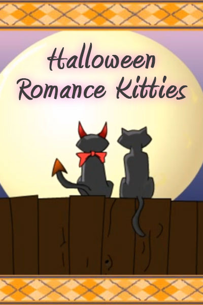 Two kitties sit on a fence, and gaze at the full moon. One kitty has little devil horns, and a pointy tail.
