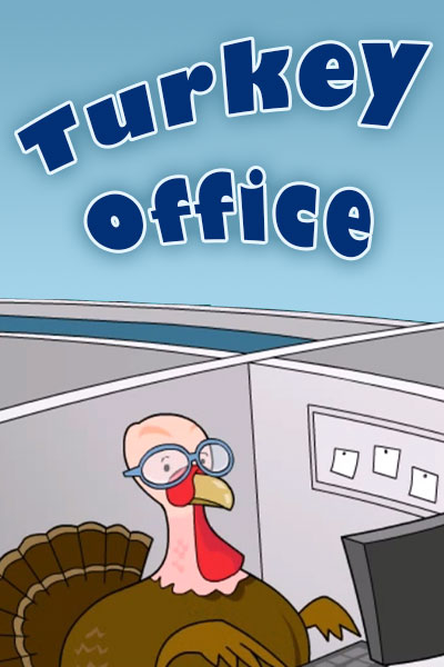 A turkey is working on a computer in a cubicle.