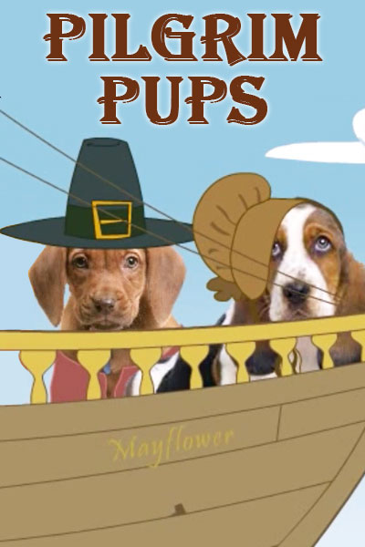 The pilgrim ship, The Mayflower. There are two dogs on the deck, dressed like pilgrims.