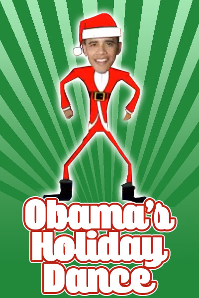 A photo of Barack Obama’s face, with a cartoon body, wearing a suit, and a Santa hat. 