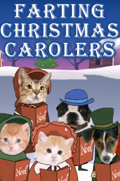 Photos of the faces of three cats and two dogs, all of them wearing illustrated hats and clothing, and holding books of Christmas carols. The ecard title Farting Christmas Carolers is written above them.