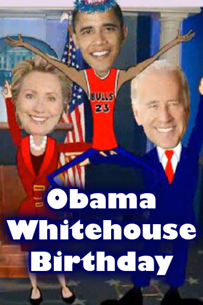 Photos of the faces of Barack Obama, Joe Biden, and Hillary Clinton. The faces are on cartoon bodies, and they are all wearing suits.