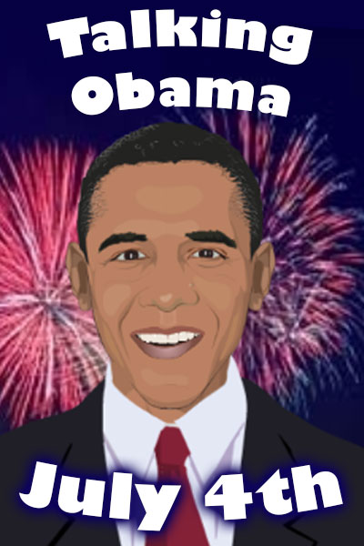 A smiling illustration of Barack Obama. There are fireworks going off in the sky behind him.
