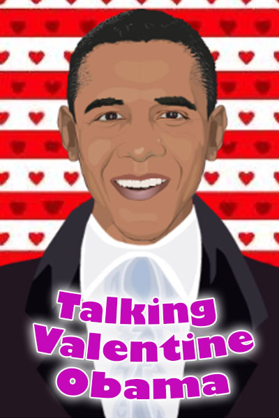 Barack Obama with Valentine hearts and stripes behind him.