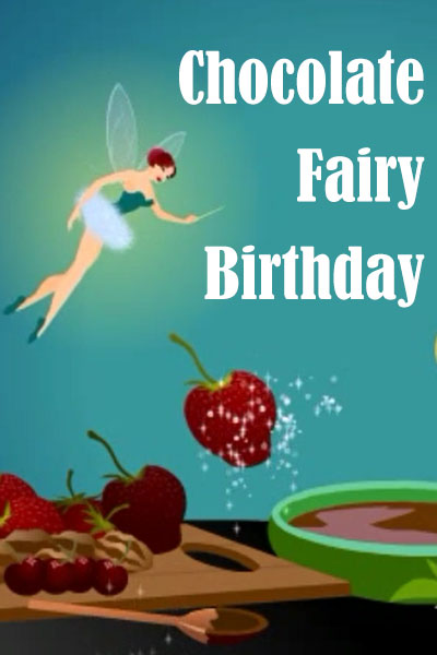 An illustrated fairy flies above a table, using her magic wand, and sparkling magic to pick up strawberries, and dip them into a bowl full of chocolate.