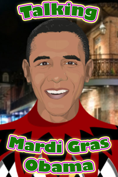 Barack Obama wearing a jester costume. Bourbon Street can be seen in the background.