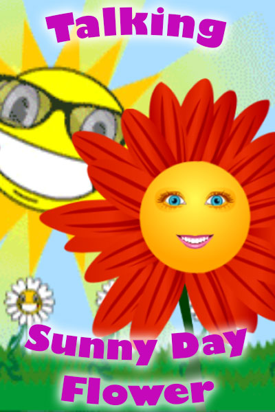 A big orange flower with a smiling face in the center of its bloom, and a smiling sun wearing sunglasses grin cheerfully at the viewer.