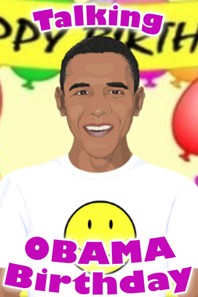 A cartoon image of Barack Obama, wearing a t-shirt with a smiley face on it. There are balloons, and a Happy Birthday banner behind him.