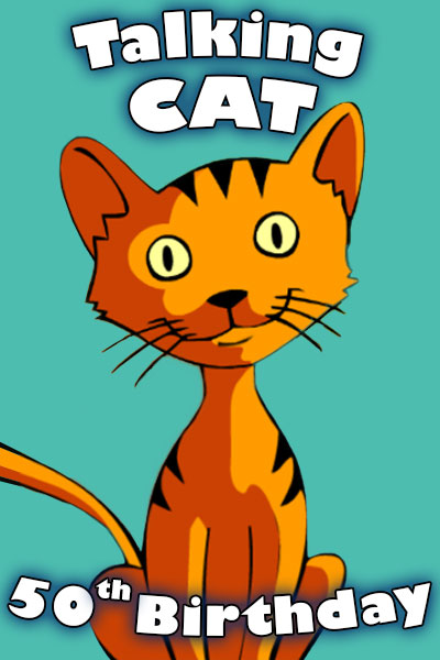 An orange cat with black stripes, smiling at the viewer. There is a birthday banner, and a birthday cake in the background.
