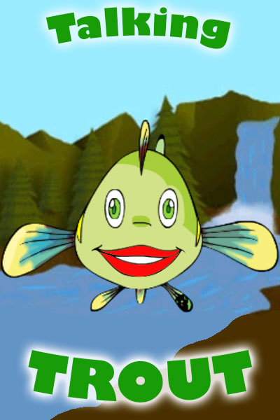 A cartoon fish, smiling at the viewer. There is a stream, and trees in the background.