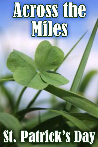 A closeup image of a four leaf clover, its surrounding blades of grass, and a small section of blue sky showing behind it.