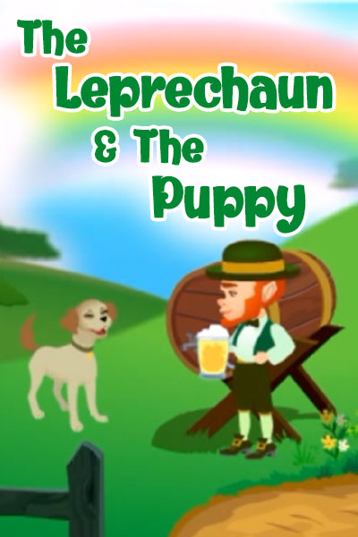 A leprechaun crouches down to offer a mug of beer to a dog.