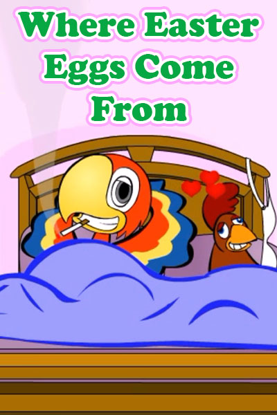 A colorful parrot, and a chicken recline in bed together. They both have satisfied looks on their faces. 