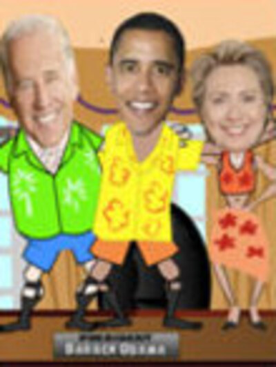 Joe Biden, Barack Obama, and Hilary Clinton are relaxing together in Hawaiian shirts.
