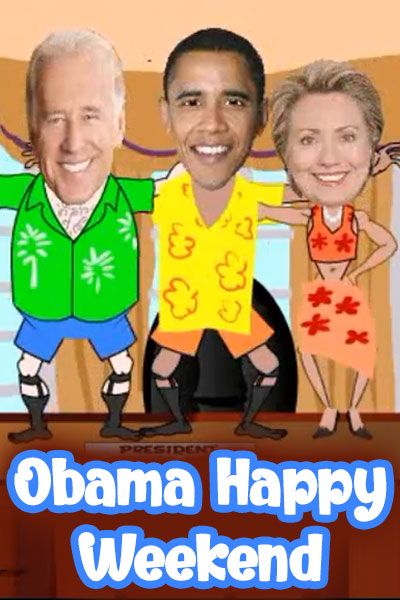 Joe Biden, Barack Obama, and Hilary Clinton are relaxing together in Hawaiian shirts.