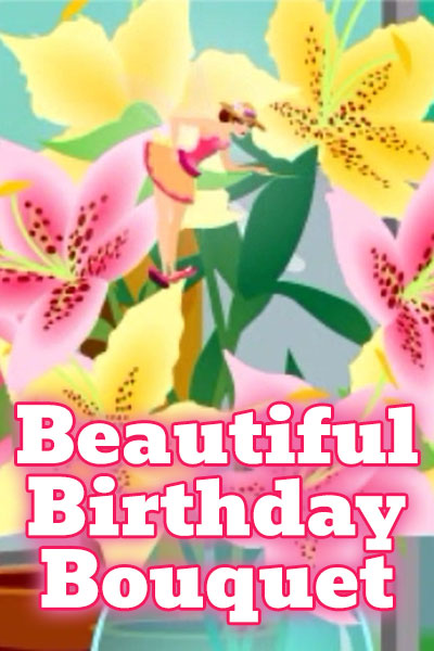 A fantasy birthday ecard showing a tiny fairy in a pink bodice, and orange tutu is examining a big bouquet of pink, and yellow lilies.