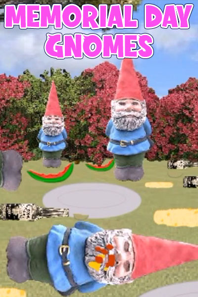 A garden gnome, with a pointy red hat, blue shirt, and big, grey, beard.