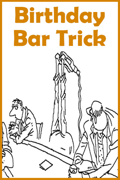 A Mike Du Jour cartoon with a man in a suit, holding up one finger in a bar as if to indicate that he’d like to order a drink.