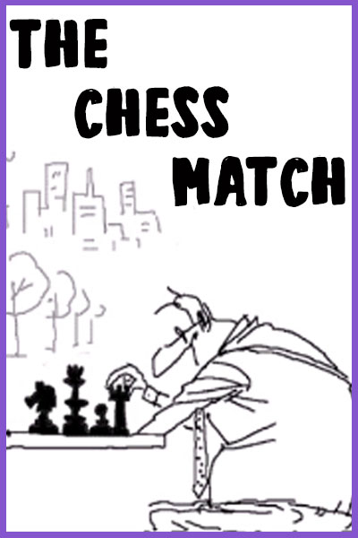 A Mike Du Jour animated ecard for birthday with a man playing chess in a park. The ecard title The Chess Match is written above him. 