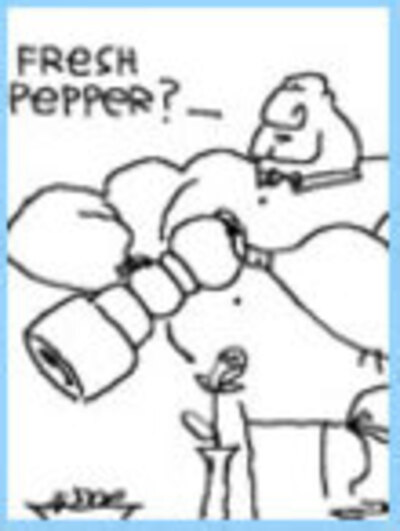 A Mike Du Jour cartoon of a large, muscular man holding a pepper mill.
