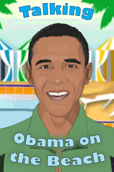 An illustrated Barack Obama smiles at the camera. Behind him are colorful cabanas and a swimming pool.