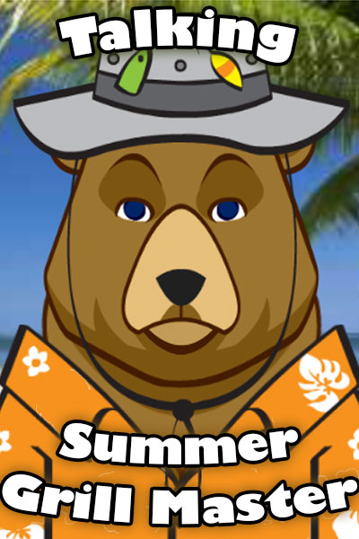 A huge bear. He's dressed in a Hawaiian shirt, and a bucket hat with fishing lures attached to it.