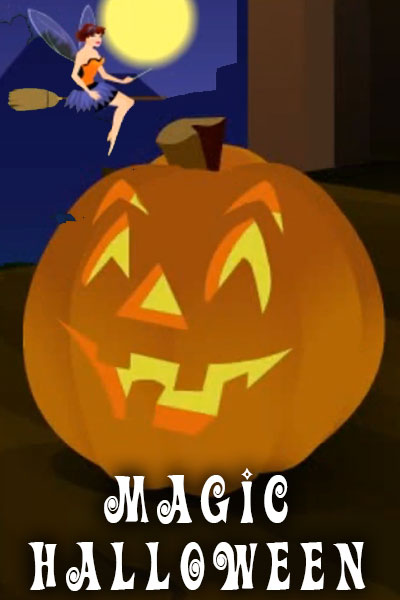 A tiny fairy flies on a broomstick beside a large hack o' lantern she has created with her magic.