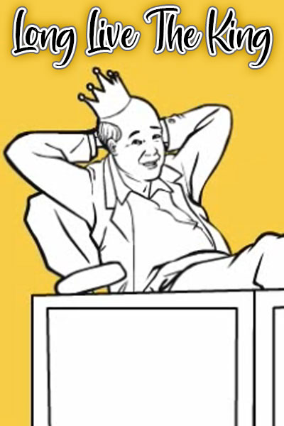 An old fashioned illustration of a man sitting at his desk, with his feet propped up on the desk, and a crown on his head.