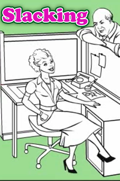 An old fashioned illustration of a woman sitting at a desk in a cubicle. A man is looking over the cubicle wall to talk to her.