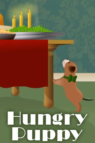 A puppy is resting its front feet on the leg of a table, and standing up as tall as it can, to get a glimpse of the Thanksgiving feast above.