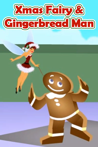 A fairy waves her wand at a gingerbread man, and the gingerbread man gets up to dance.