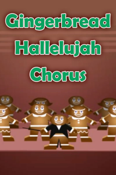 Several gingerbread men, as part of a chorus, are being overseen by another gingerbread man wearing a tuxedo jacket, who is the conductor. 
