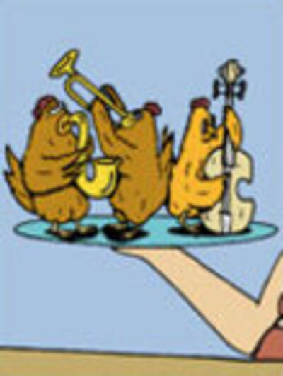 An all chicken band. Each chicken plays an instrument, saxophone, trumpet, and double bass.