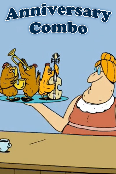 An all chicken band. Each chicken plays an instrument, saxophone, trumpet, and double bass.