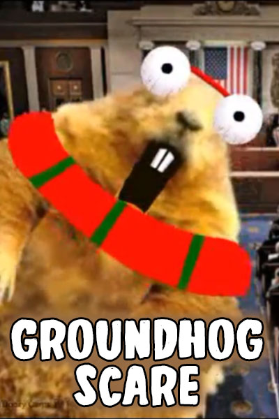 A photo of a groundhog whose features have been edited to convey shock -  comically large eyes, and a wide open, shouting mouth.