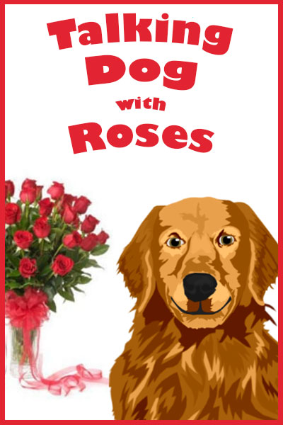 A Golden Retriever with a bouquet of roses behind it smiles at the viewer.