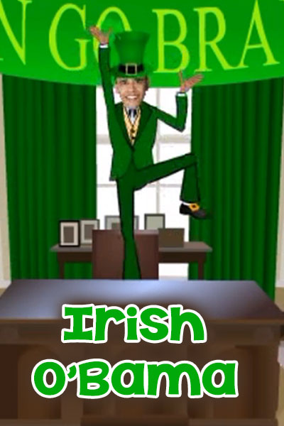 Barack Obama is dressed in a green suit, and top hat. He is dancing a jaunty jig in this free St. Patrick's Day ecard.