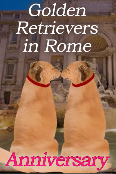 A happy golden retriever sweetly touch noses in front of a building in Rome.