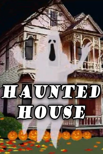 A spooky house is in the background. A ghost hovers in front of it, trying to scare the viewer. 