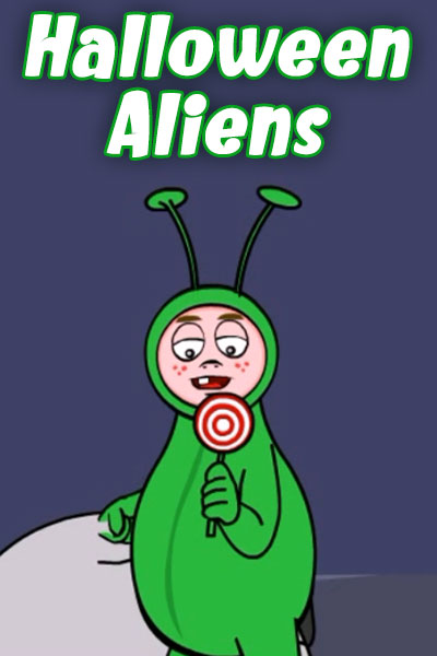 A child is dressed as a martian in a green suit with antennas. 