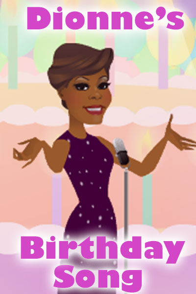 An illustration of Dionne Warwick in a lovely sequined dress. She's singing a birthday song into the microphone in front of her.
